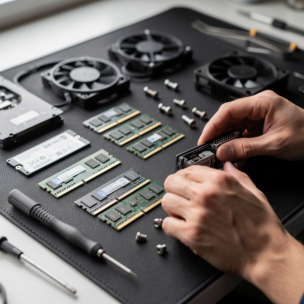 Computer Depot parts inventory featuring computer components like RAM, SSDs, and graphics cards in San Diego